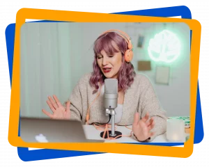 A Woman Talking on a Microphone while Wearing a Headphone