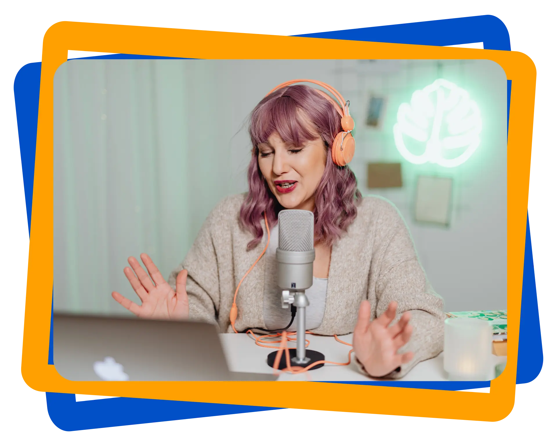 A Woman Talking on a Microphone while Wearing a Headphone